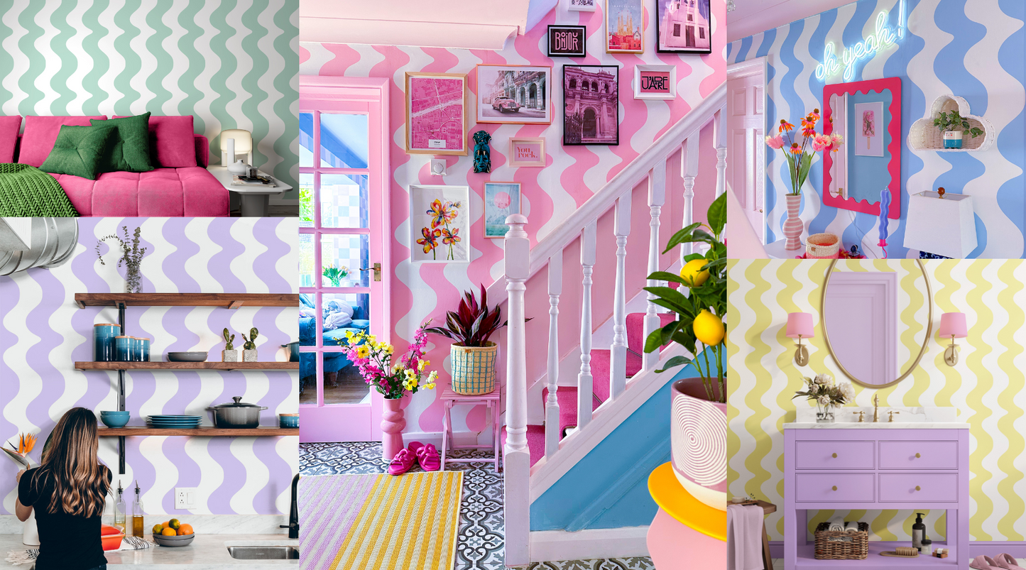 wavy wallpaper pink blue green yellow lavender
