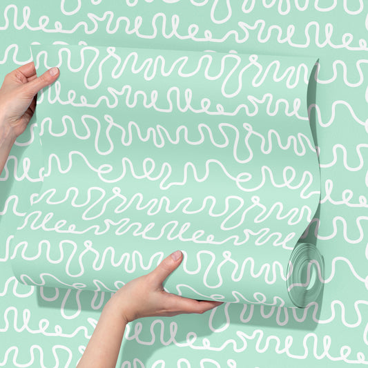 abstract wallpaper with squiggles in mint green colour for bedrooms, kitchen interiors 
