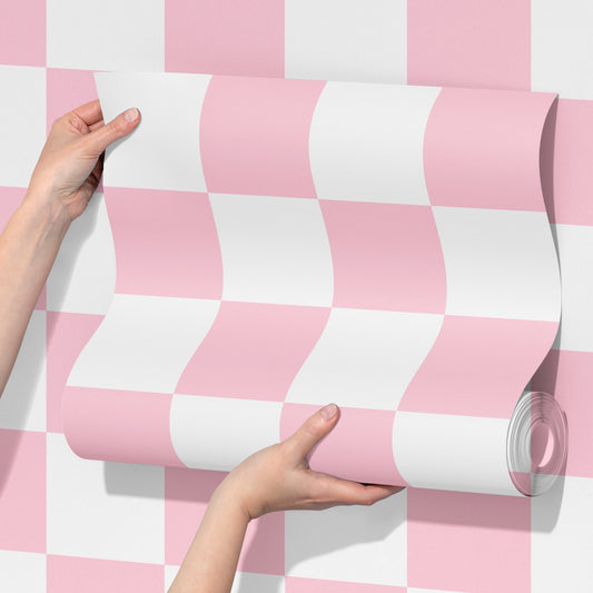 checkered wallpaper in pink for girls bedroom, interiors 