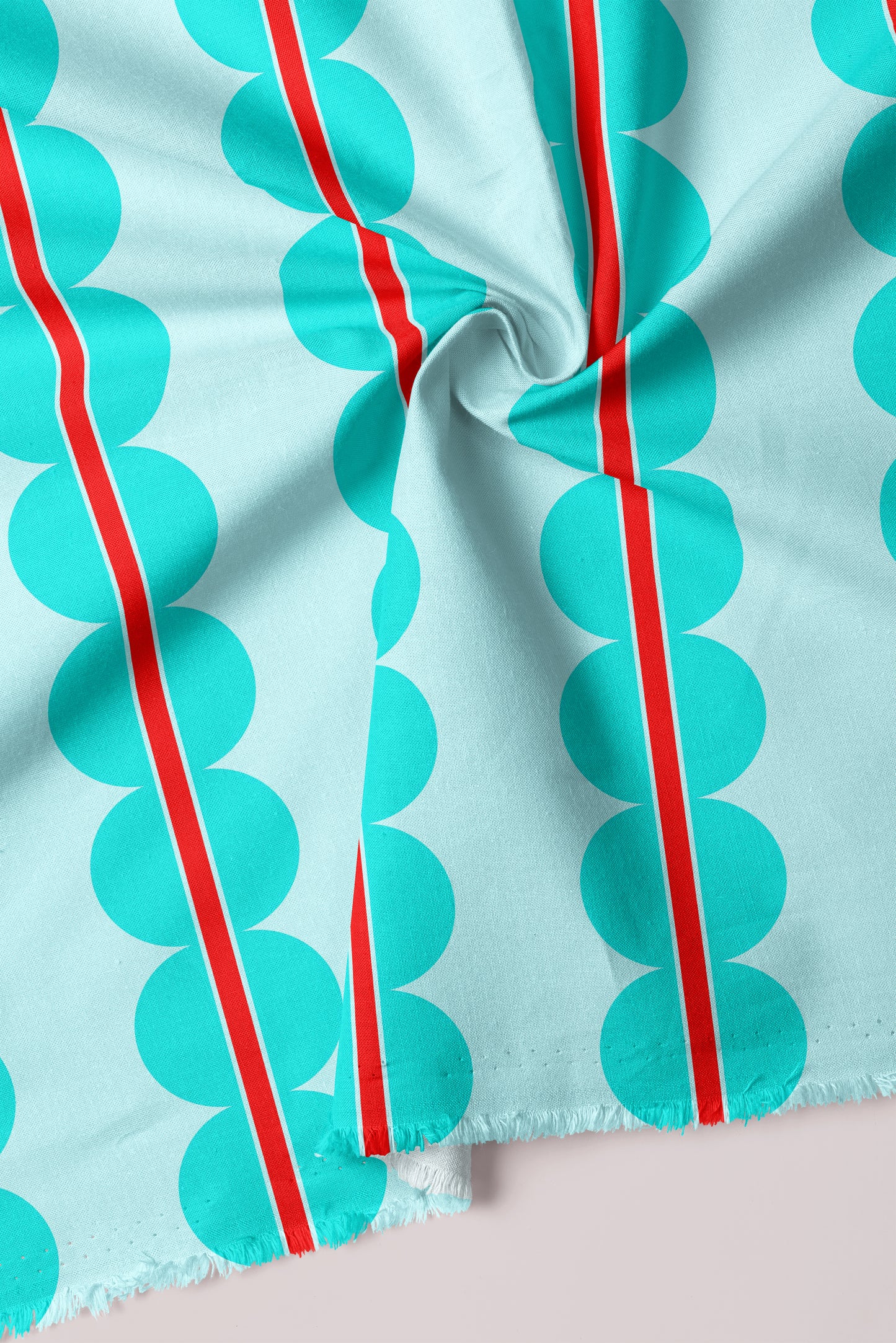 ‘Bubbles’ fabric with scallops and stripes in turquoise and red