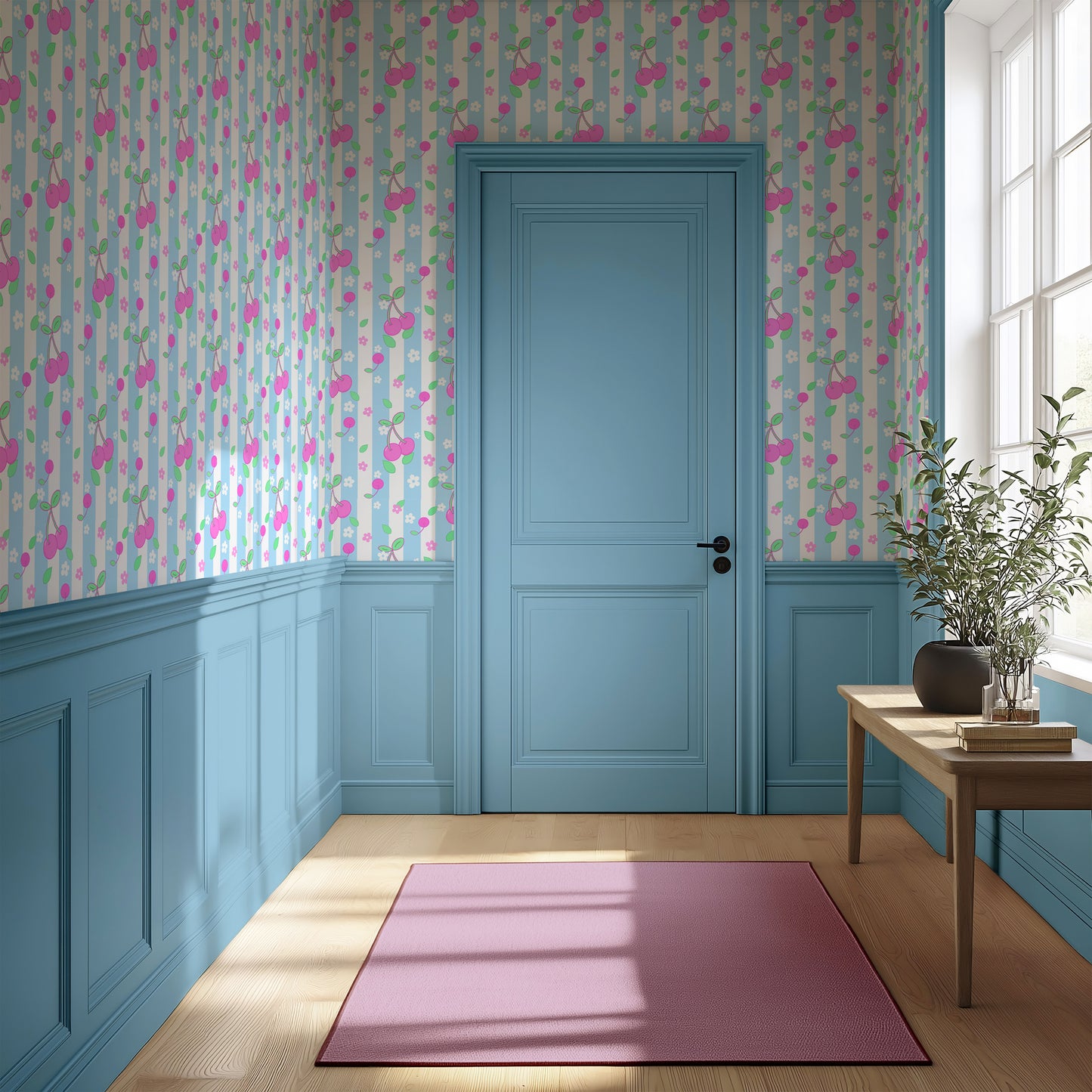cherry wallpaper in pink and blue stripes fruity decor dopamine pastel home walls delicious quirky fun kids hallways any room