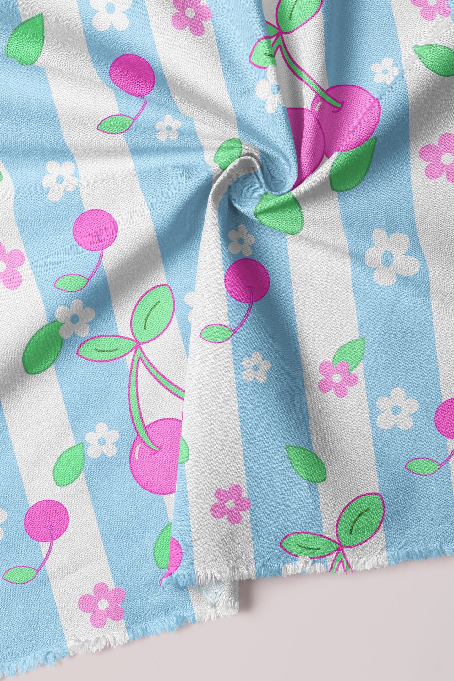 cherry print fabric in blue and pink colour striped fruity cotton, velvet, linen perfect for upholstery sewing