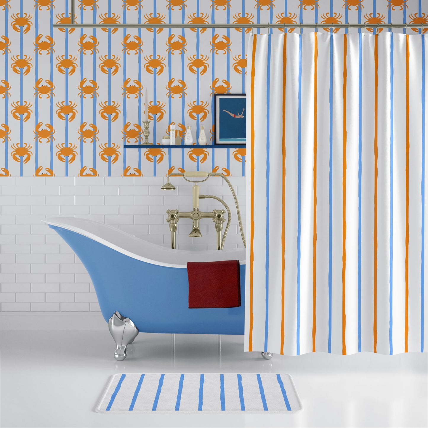 Bathroom with blue bathtub, striped shower curtain, and crab-patterned wallpaper.