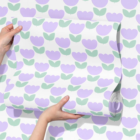 Tulip wallpaper in lilac and green colour for nursery baby room interiors 