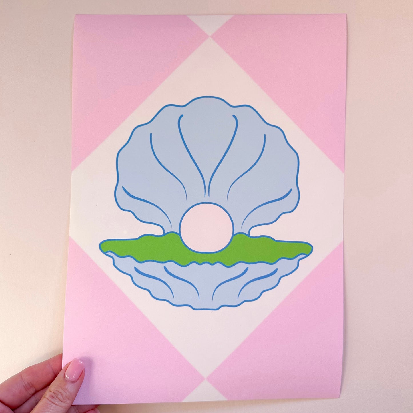 interior wallpaper with shell design in pink and blue
