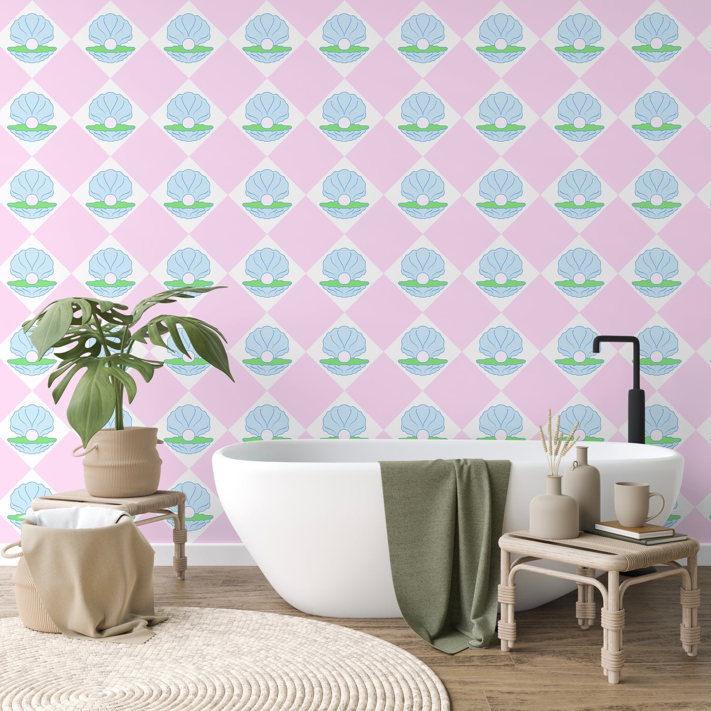 pink shell wallpaper for bathroom grandmillenial style