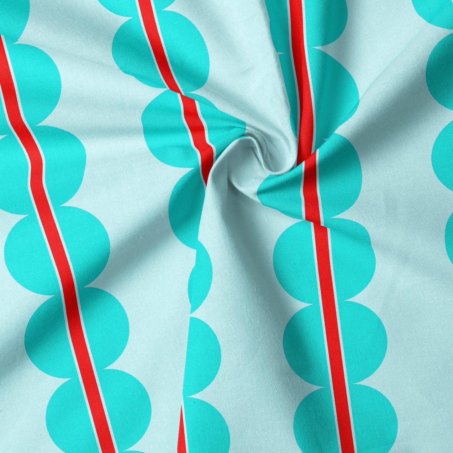 ‘Bubbles’ fabric with scallops and stripes in turquoise and red