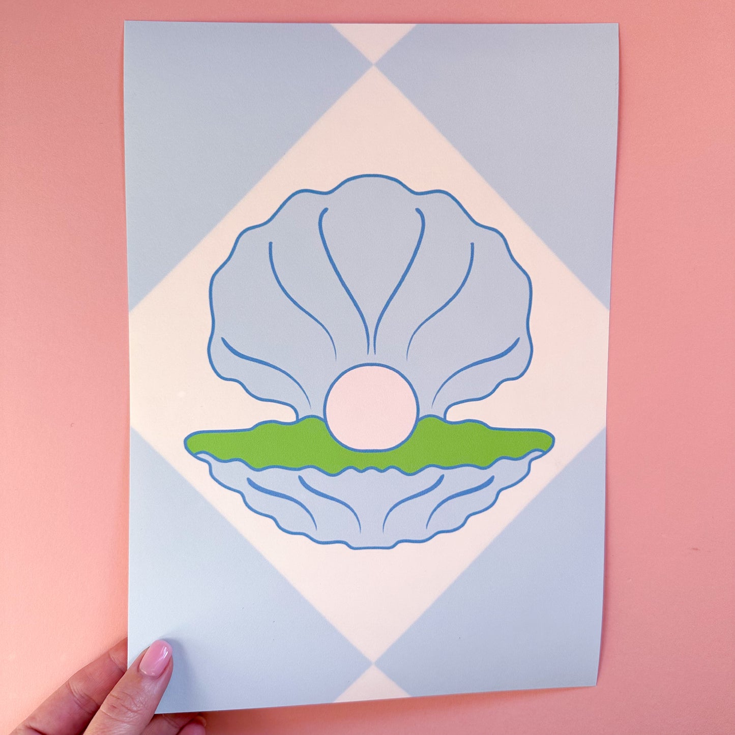 bathroom wallpaper with shell motif in blue and green colours