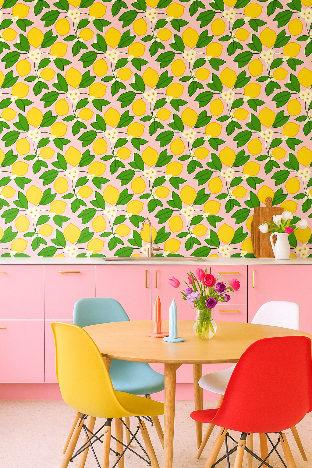 Colourful kitchen wallpaper pink and yellow