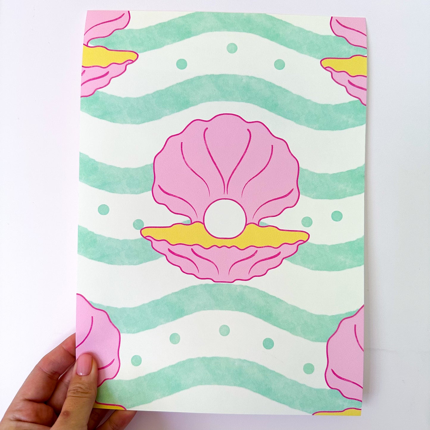 shell interior wallpaper for bathroom in pink, green and yellow