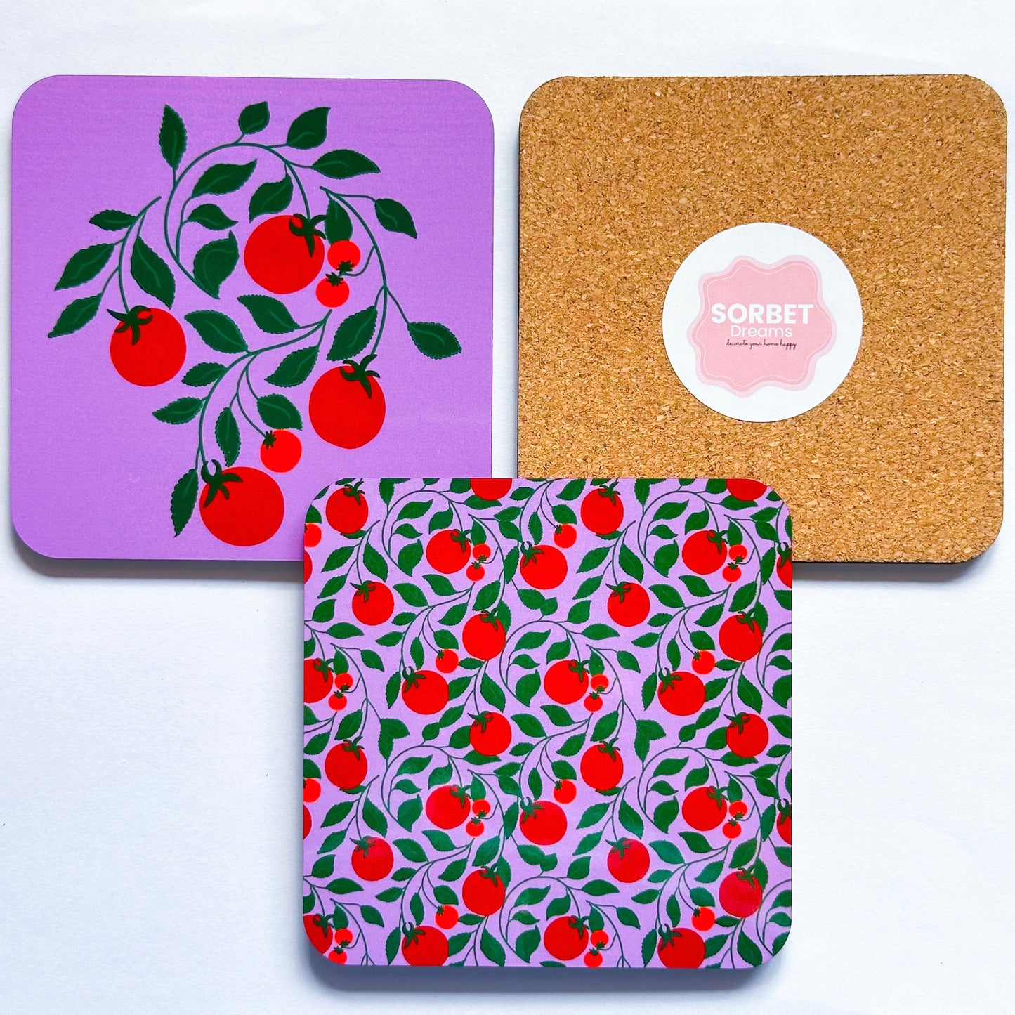 Lilac coasters with a tomato print on a purple background, dopamine home decor, new couple home gift, colourful kitchen accessories, eco-friendly coaster sets, Sorbet Dreams coasters