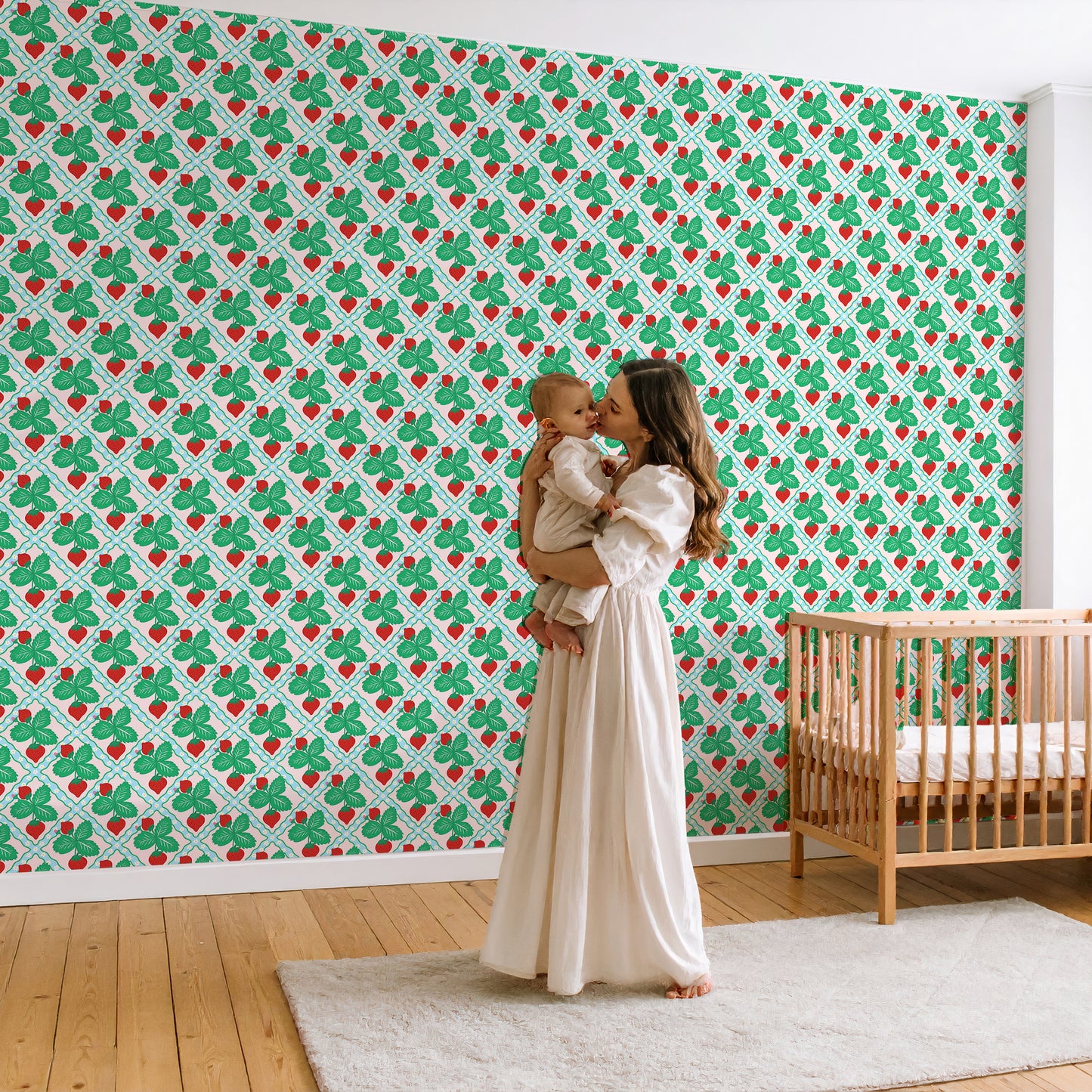 strawberry wallpaper for nursery in blue pink and red and green colours perfect for kids room new baby home decor pastel colours