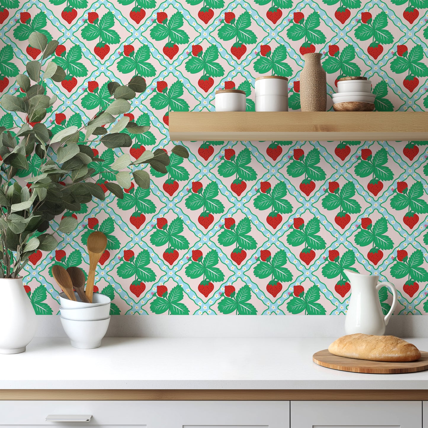 strawberry wallpaper in pink, blue and red and green colours, kitchen wallpaper, dopamine home decor