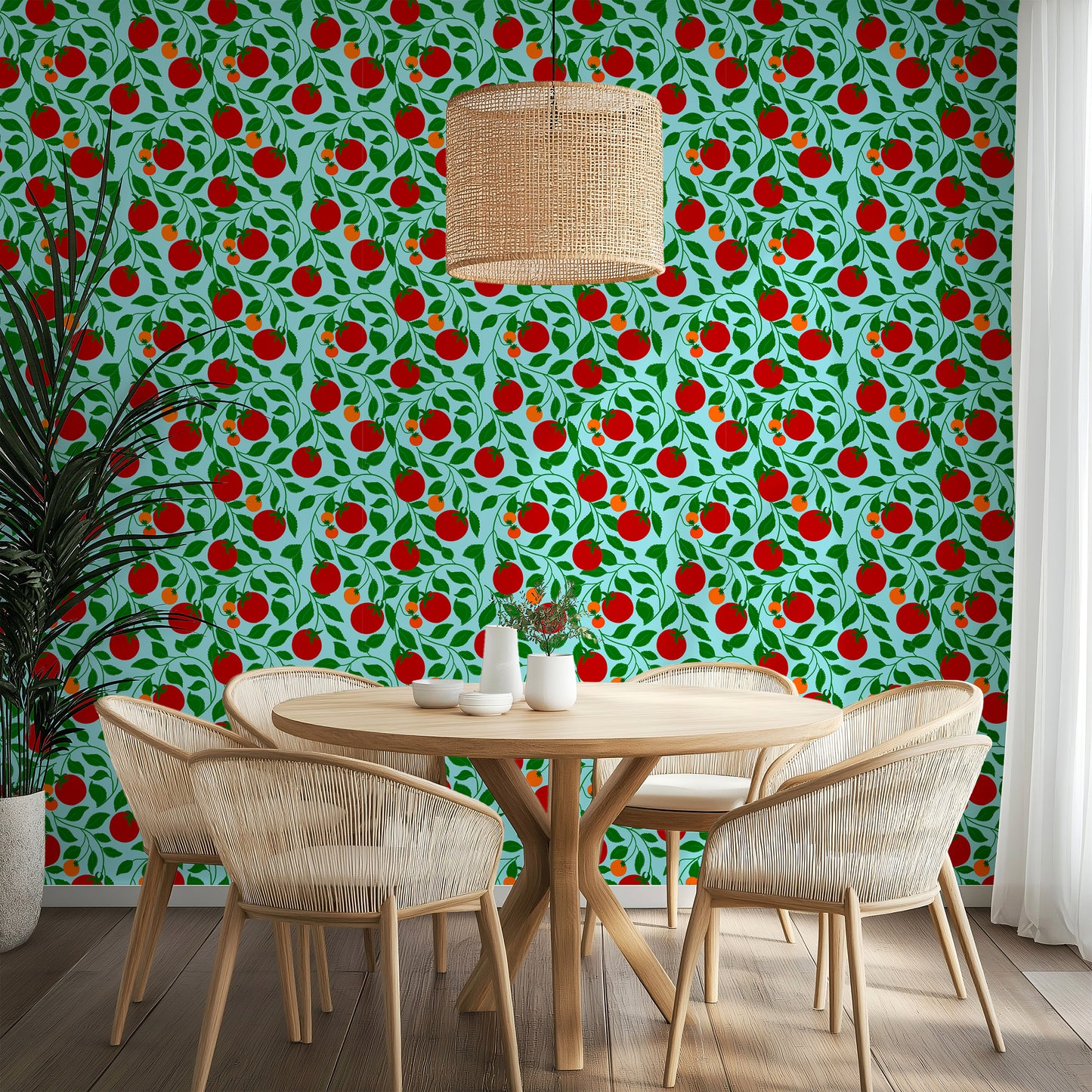 tomato wallpaper, red and orange tomatoes on light blue background, kitchen, dining room, restaurant wallpaper, quirky, colourful, vintage, fun wallpaper home decor