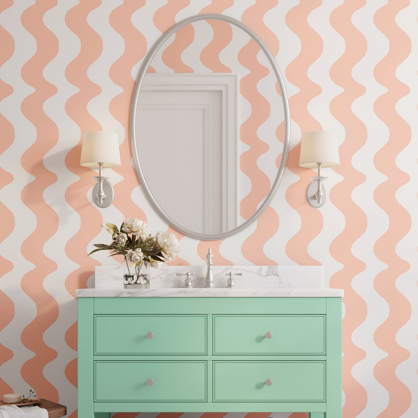 peach wallpaper pastel bathroom with wavy pattern abstract design for interiors