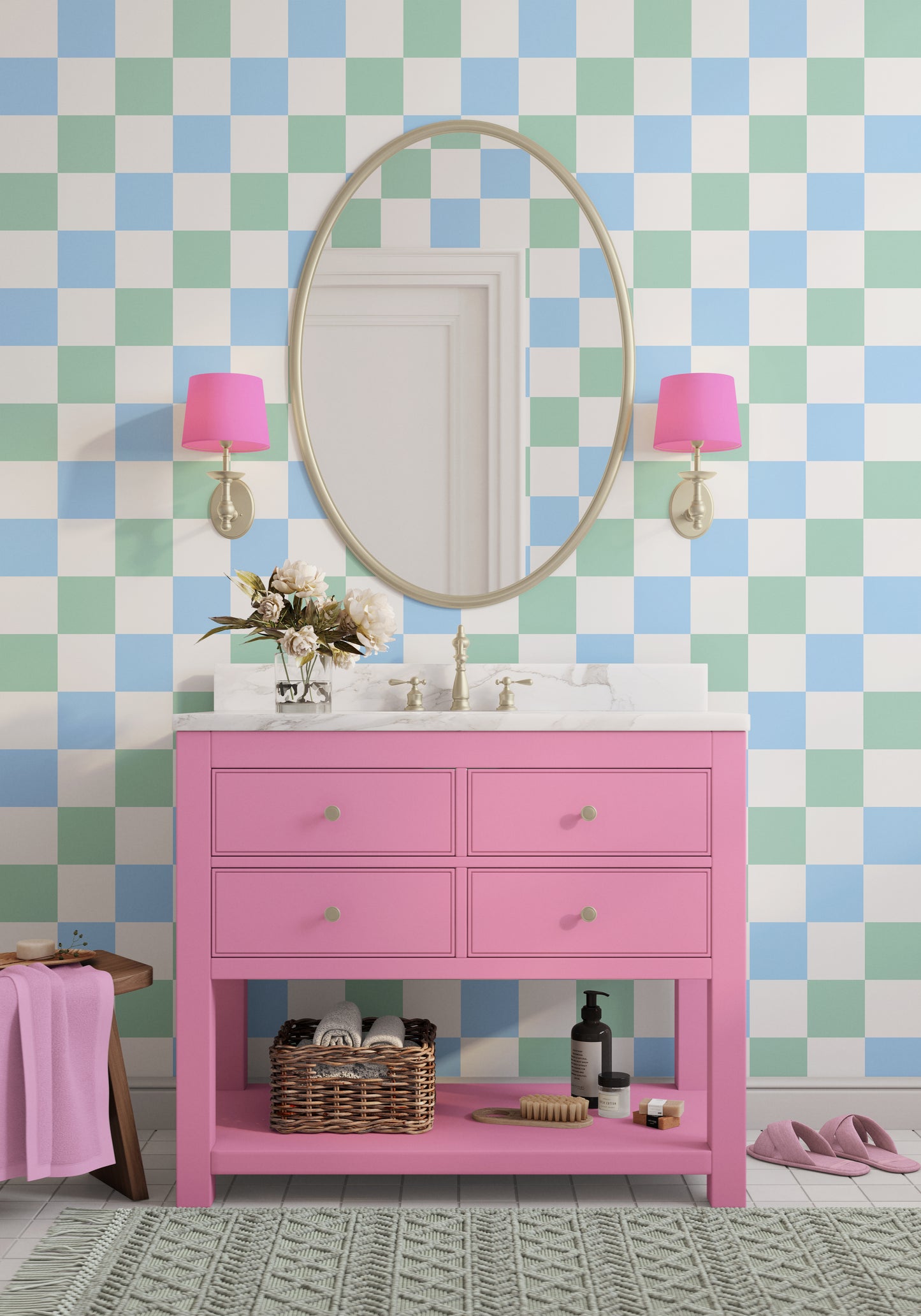 checkerboard bathroom wallpaper UK blue, green white