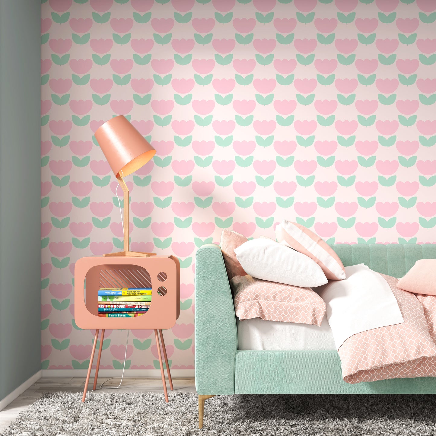pastel pink and green tulip wallpaper UK