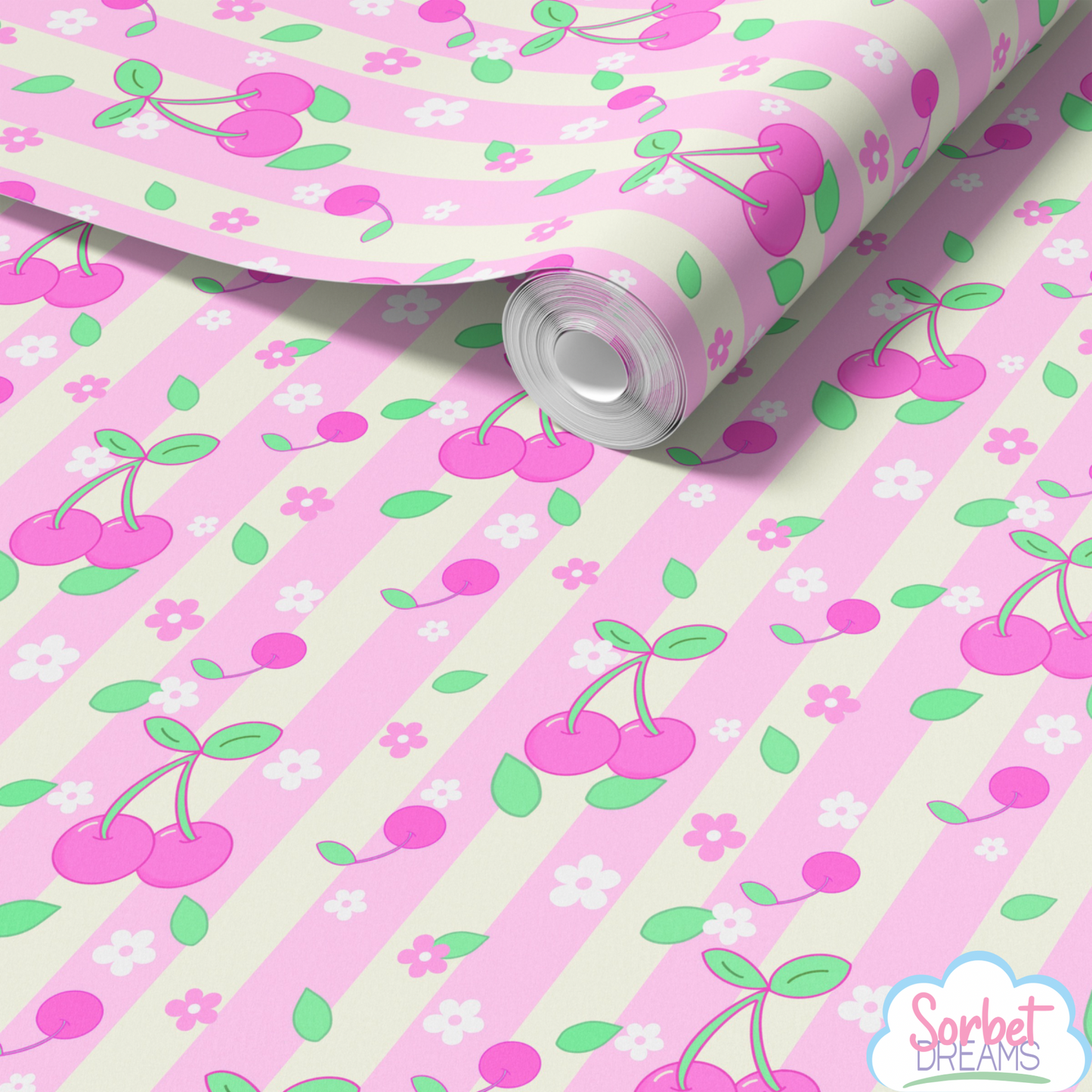 cherry wallpaper UK, pink, green, yellow