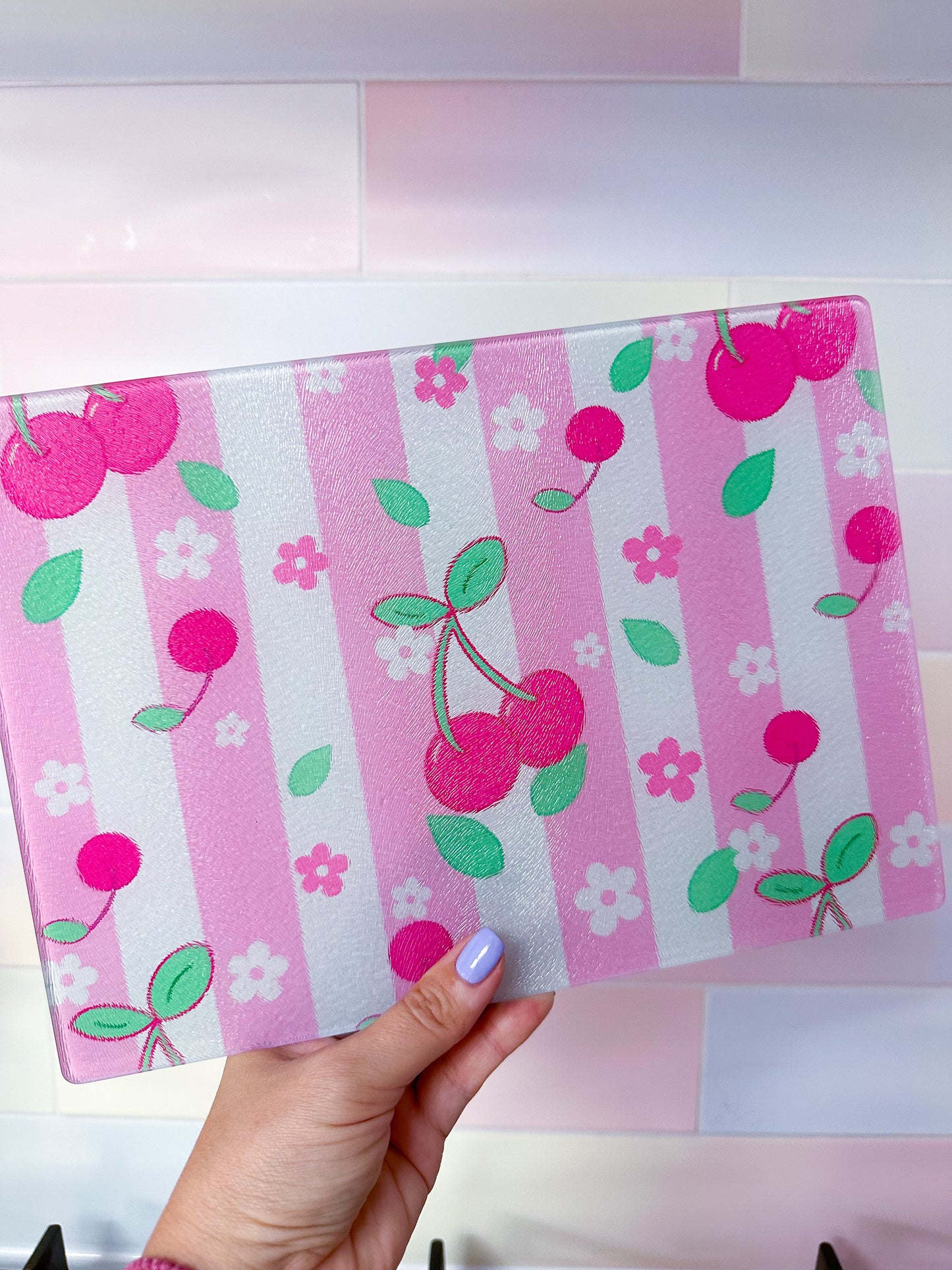 Glass chopping board, cherry design, glass worktop saver