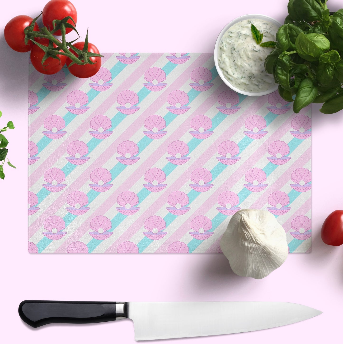 Glass chopping board with shell design, glass worktop saver