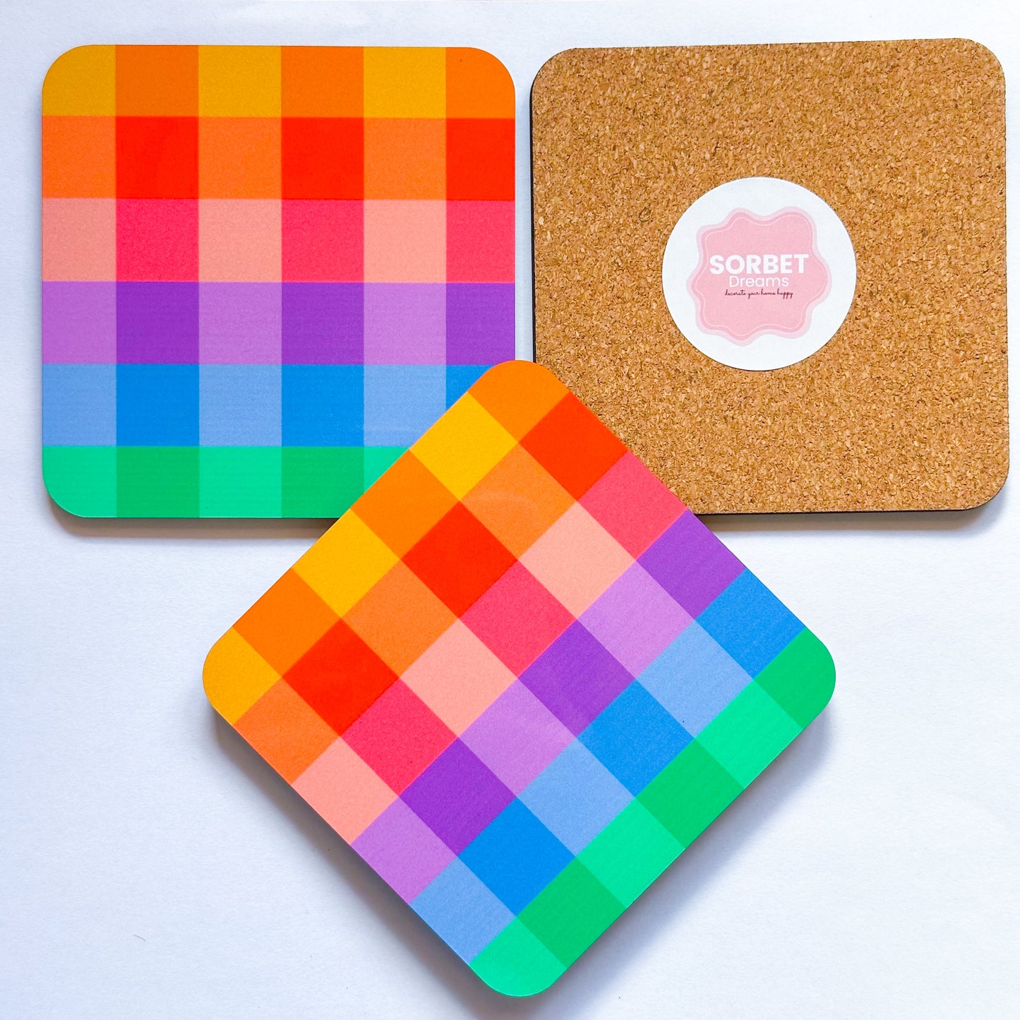 Rainbow check coasters in multi colour bright gingham design