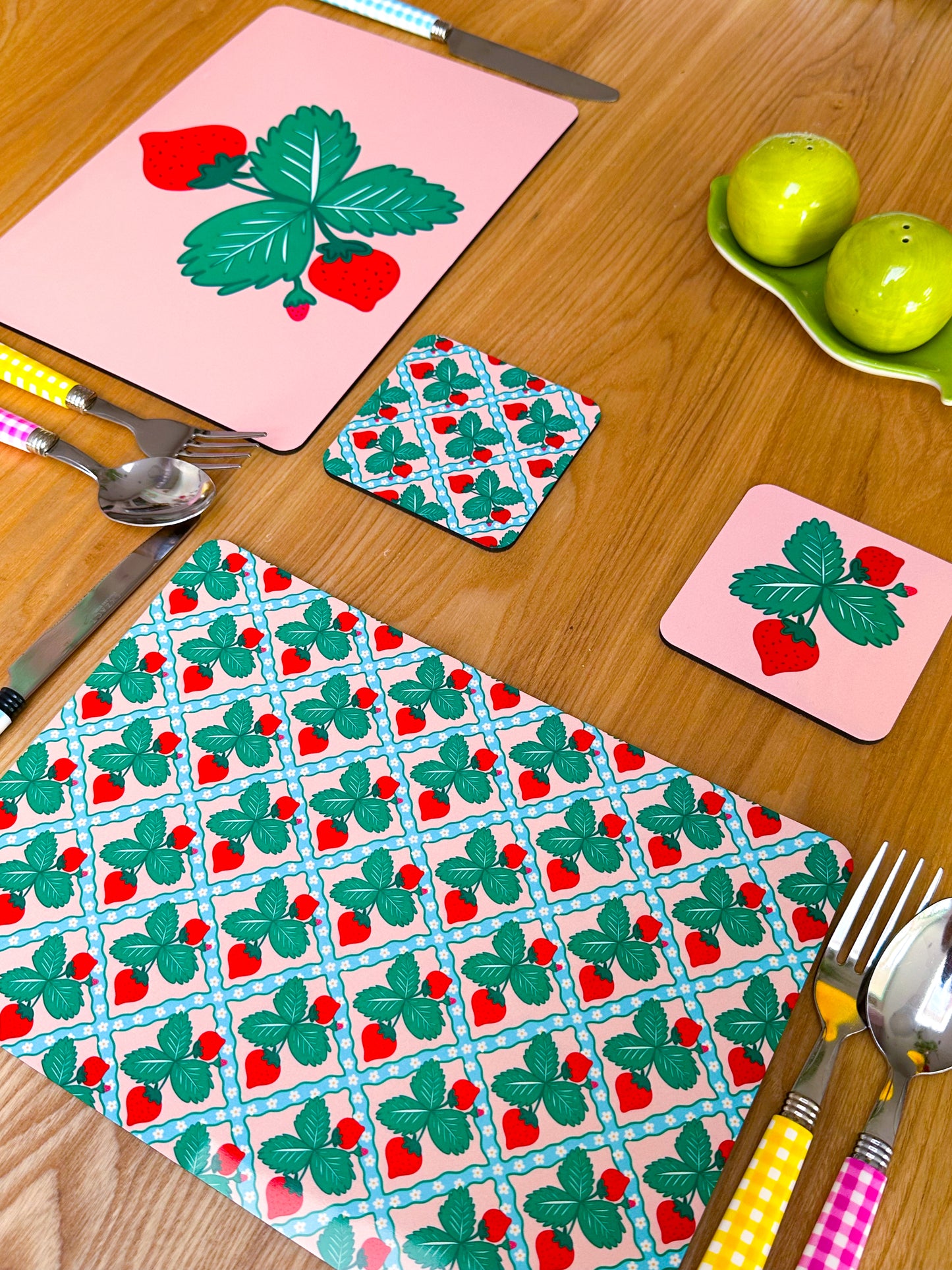 strawberry-patterned placemats, coasters, fruity home decor handmade made to order