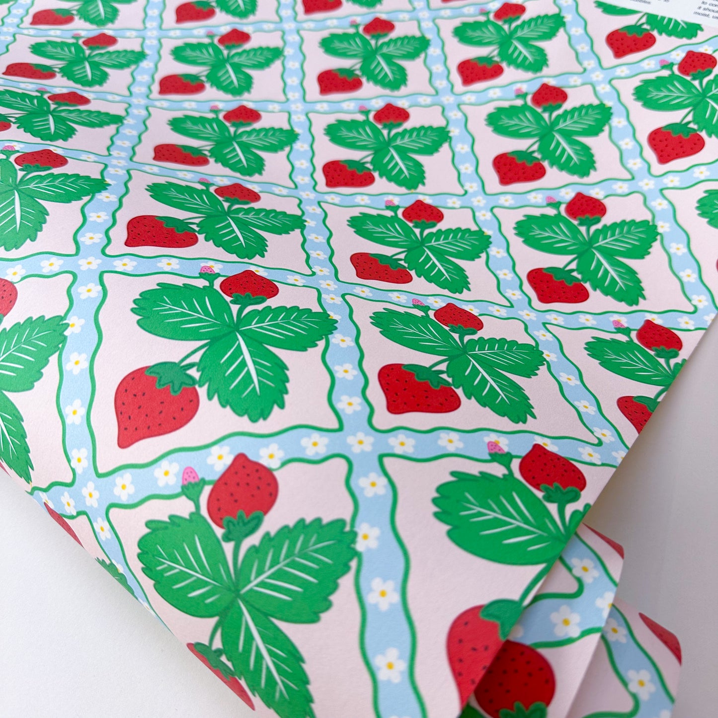 strawberry wallpaper in pink and blue and red colours, perfect for kitchen and dining rooms colourful maximalist home decor trellis design