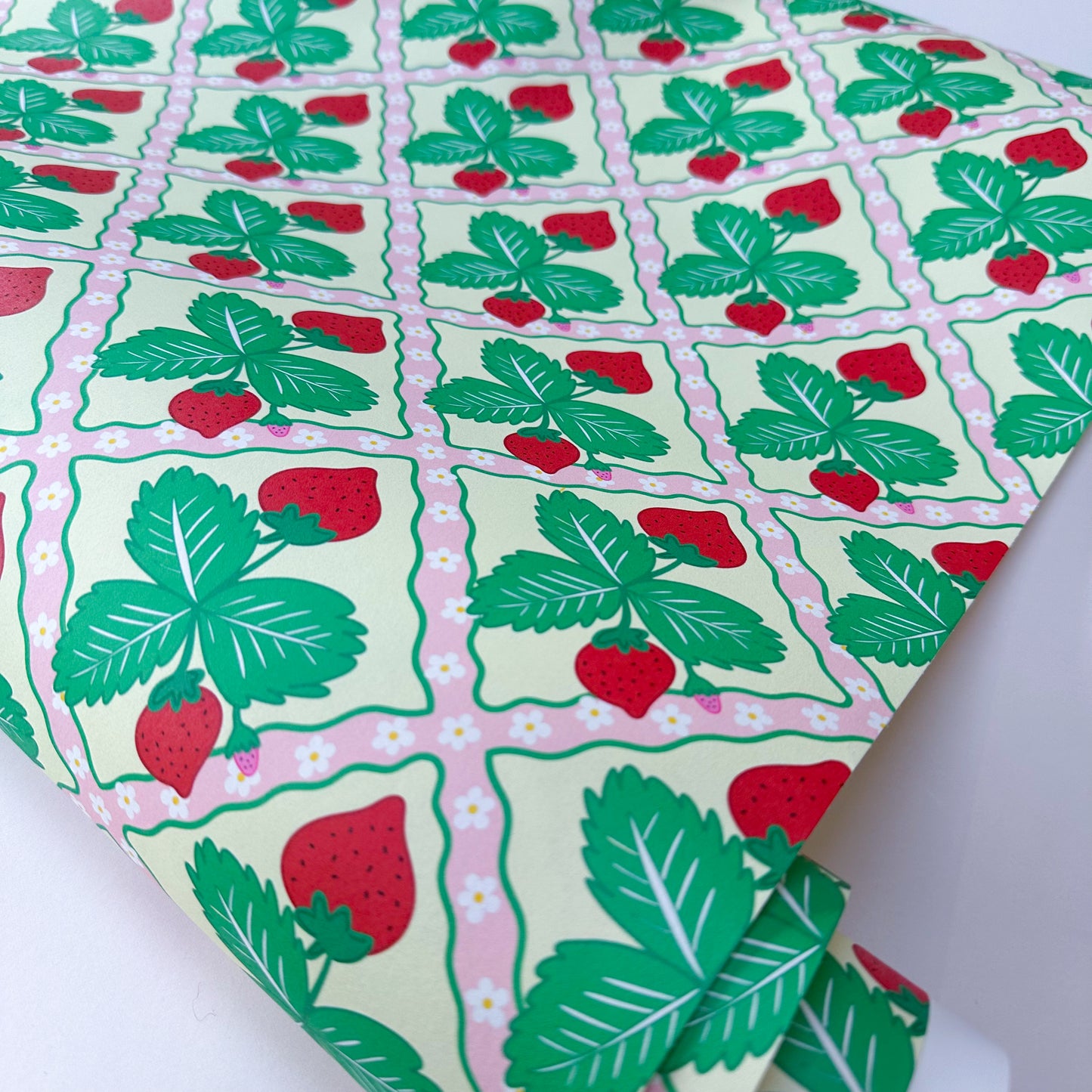 strawberry wallpaper in yellow, pink and red colours with trellis design, perfect for kitchen dining rooms pastel maximalist colourful home