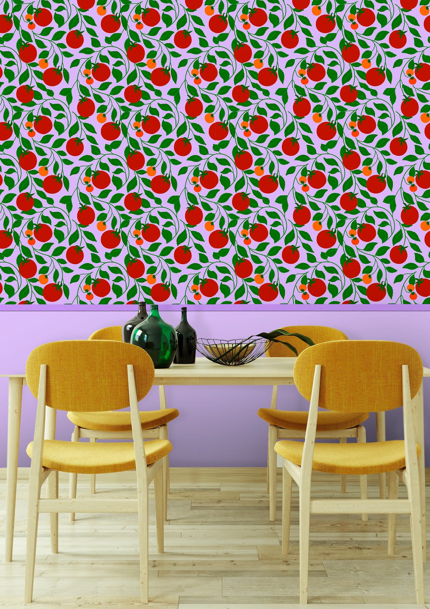 red tomatoes wallpaper with red and orange tomatoes on a pastel purple lilac lavender background, restaurant, dining table, kitchen wallpaper, quirky, colourful, pastel, maximalist home decor