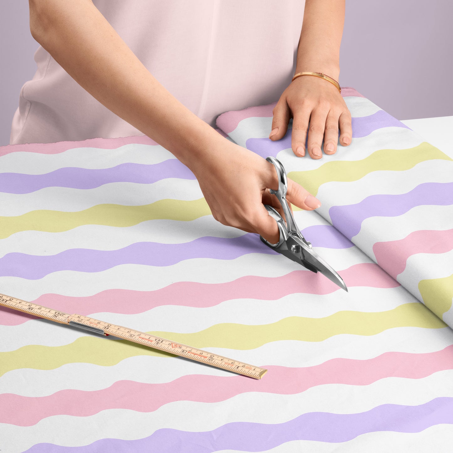 wavy fabric by metre in pastel pink, pastel yellow and pastel lilac