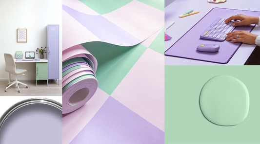 pastel lilac and green office design