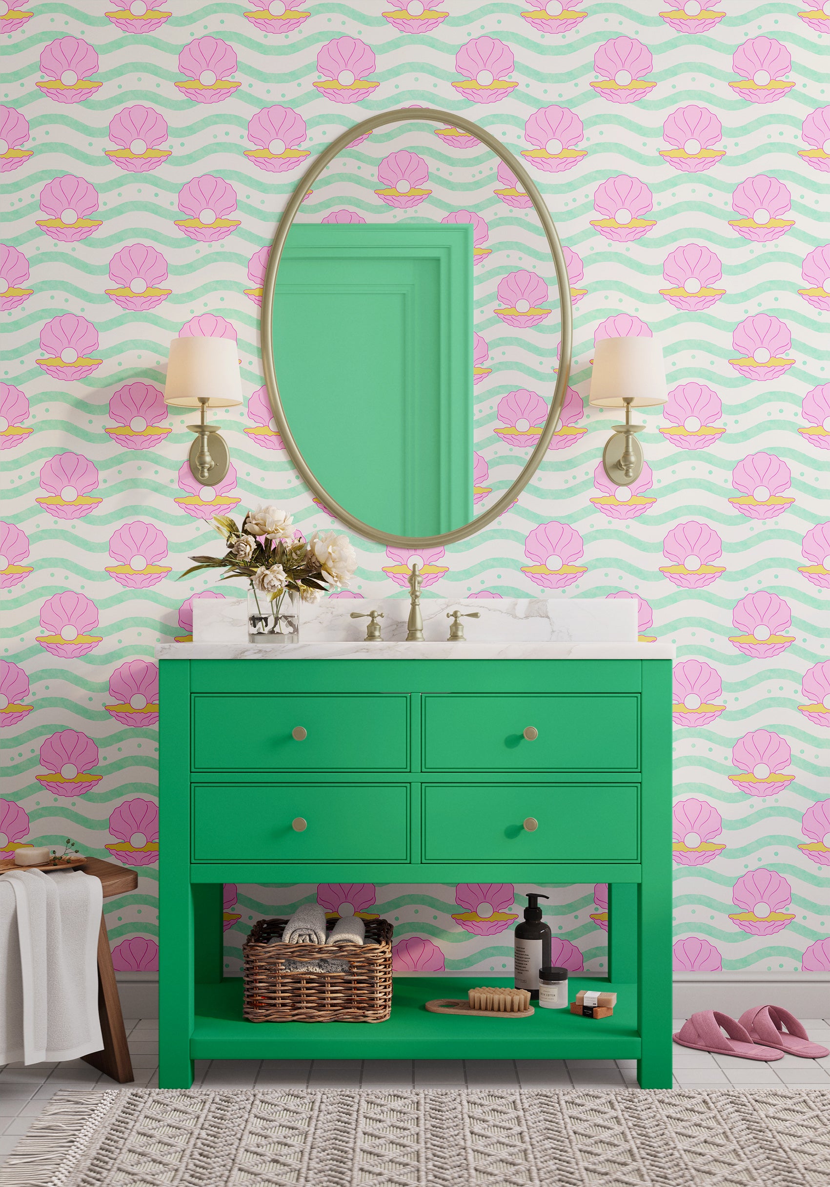 bathroom wallpaper with shells in green, pink and yellow