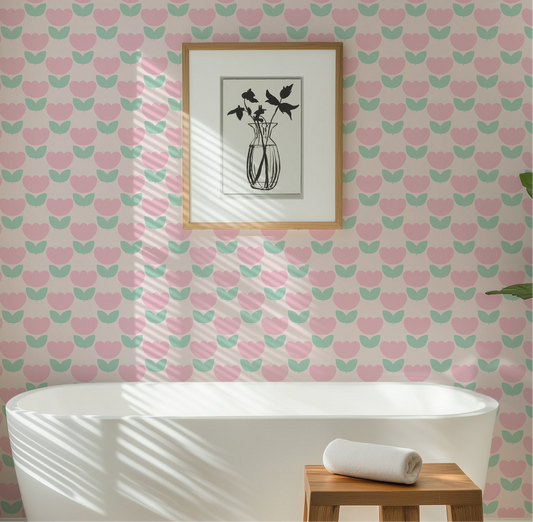 Marta’s Tulips Wallpaper in Pink Candy and Pistachio