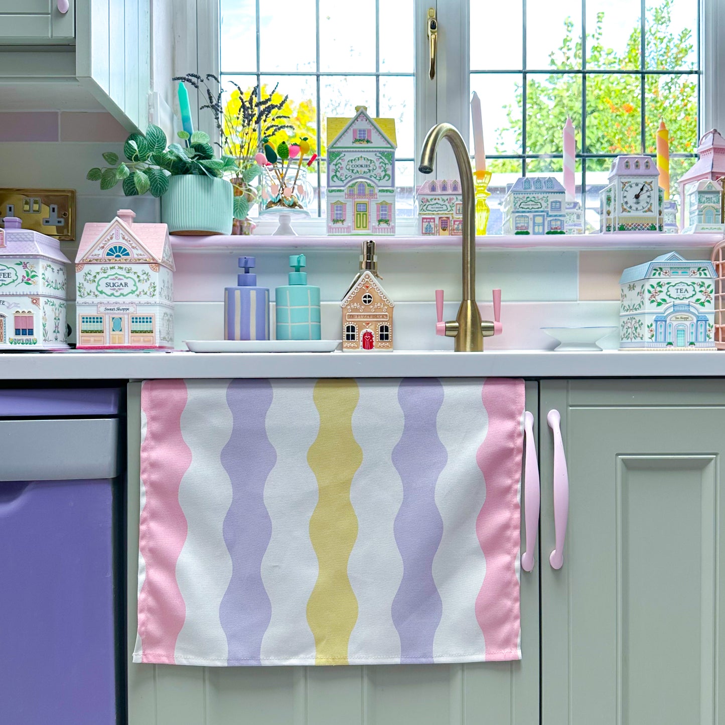 pastel wavy kitchen towel yellow, pink and purple