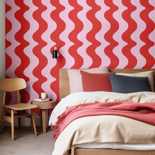 Red and pink wallpaper with wavy design for bedroom