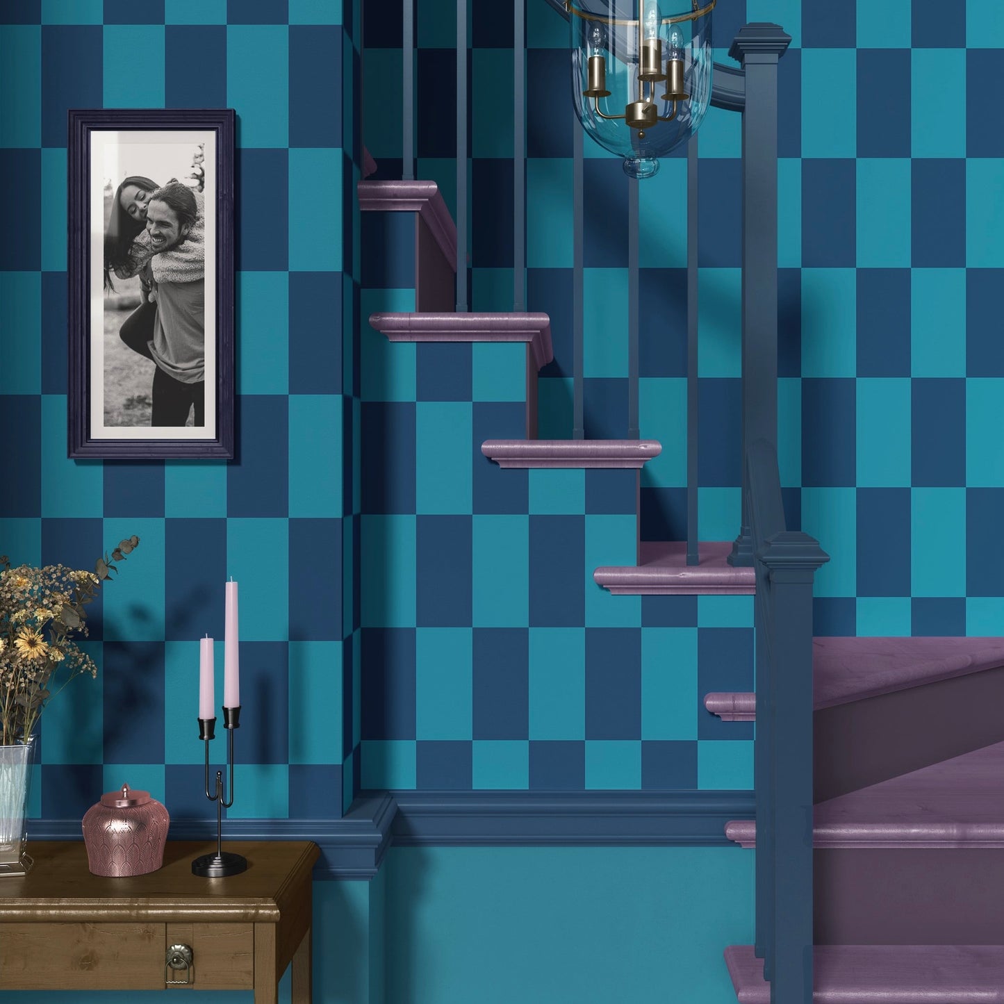 ‘Checkered Chic’ vintage inspired wallpaper in azure blue