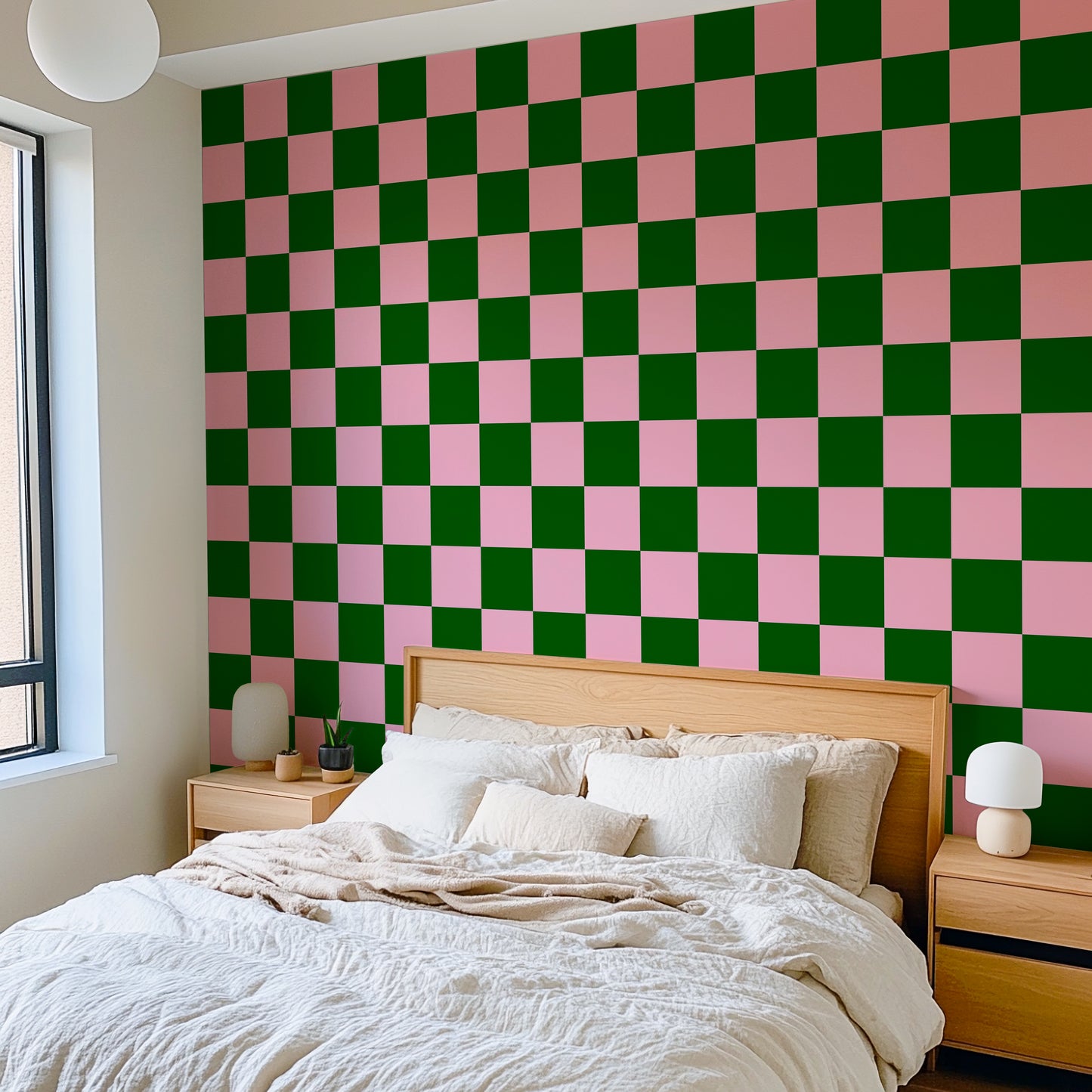 ‘Checkmate’ Checkerboard Wallpaper in Forest Green and Pink colours