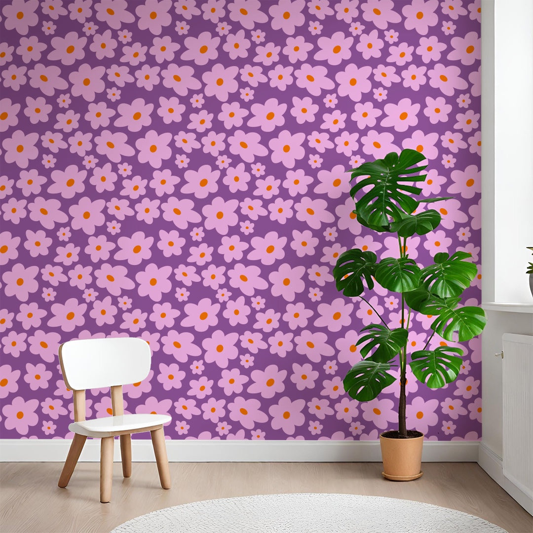 ‘Hello Petal’ Wallpaper on Heather | abstract floral wallpaper in pink and mauve colours