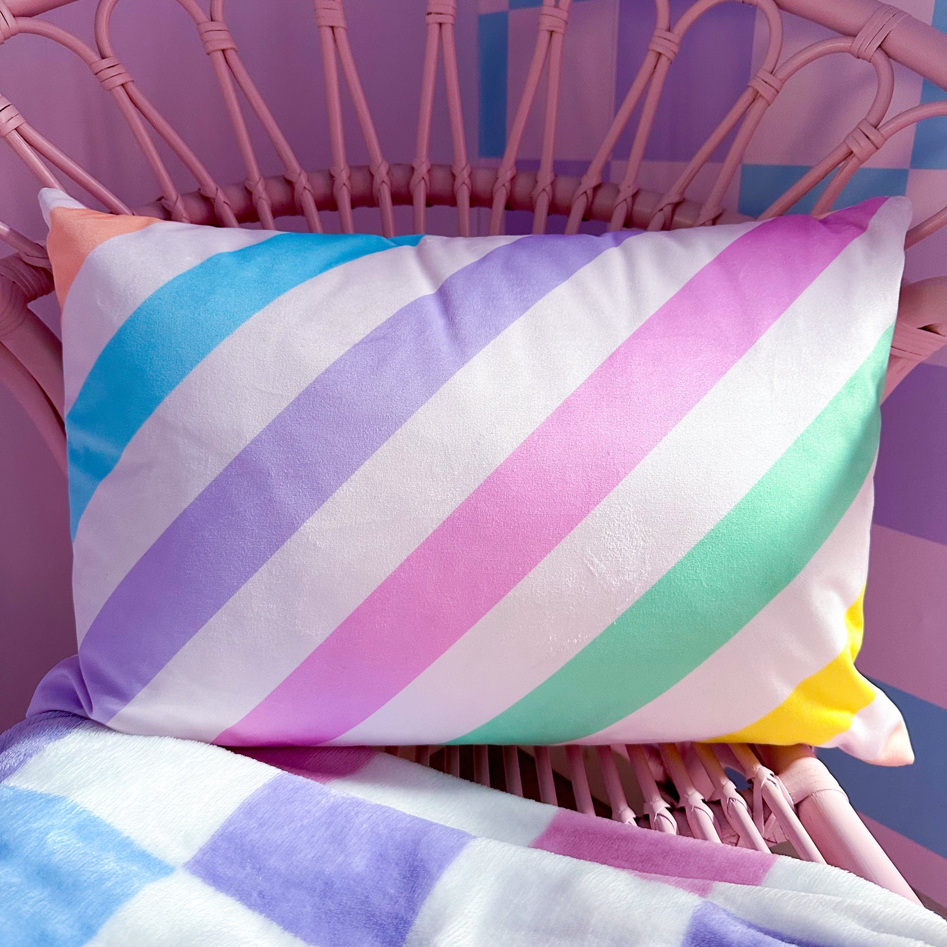 multi colour rainbow cushion velvet material 