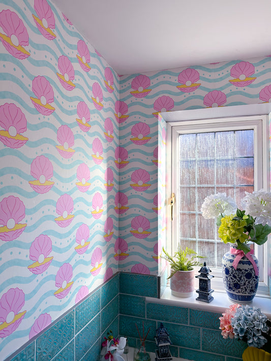 clam shell wallpaper in blue, pink and yellow colours