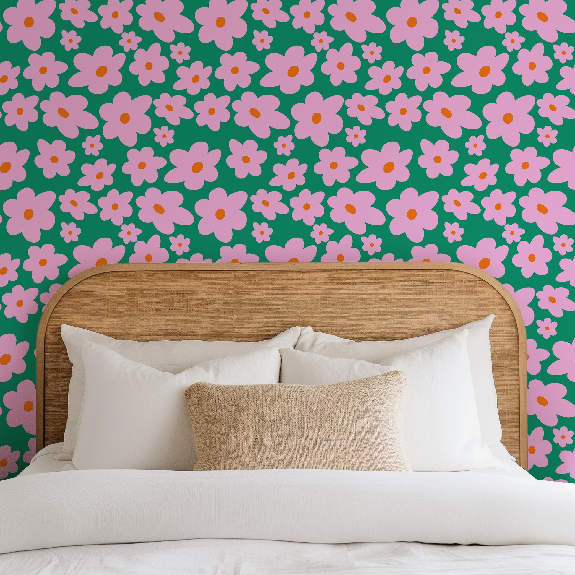Daisy floral wallpaper in green and pink colours for bedroom, living room, bathroom, uk made