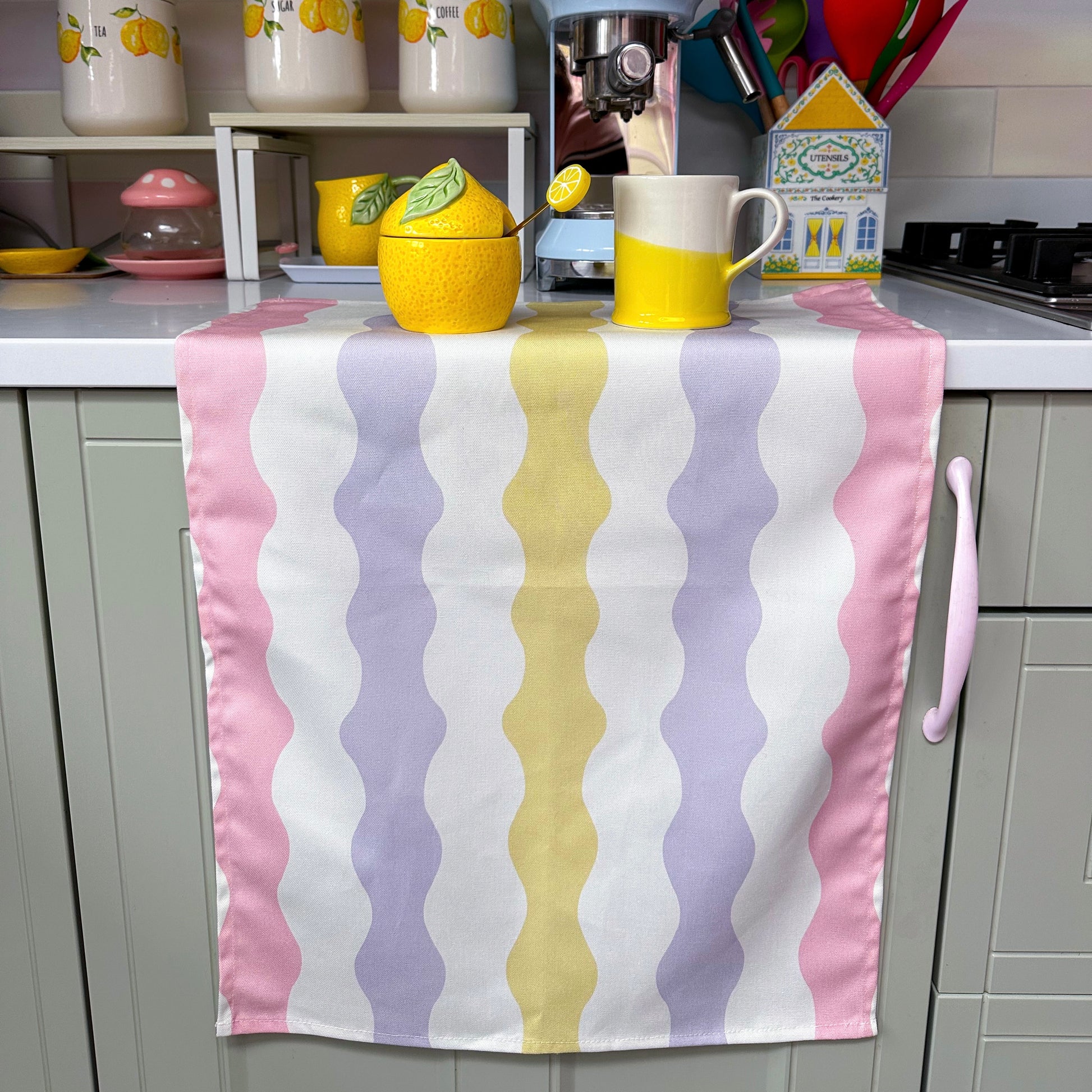 yellow pink and purple kitchen tea towel