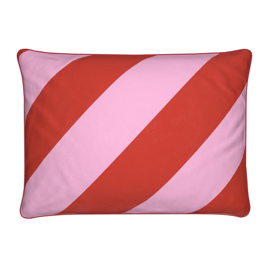 Diagonal stripes velvet cushion in pink and red colours