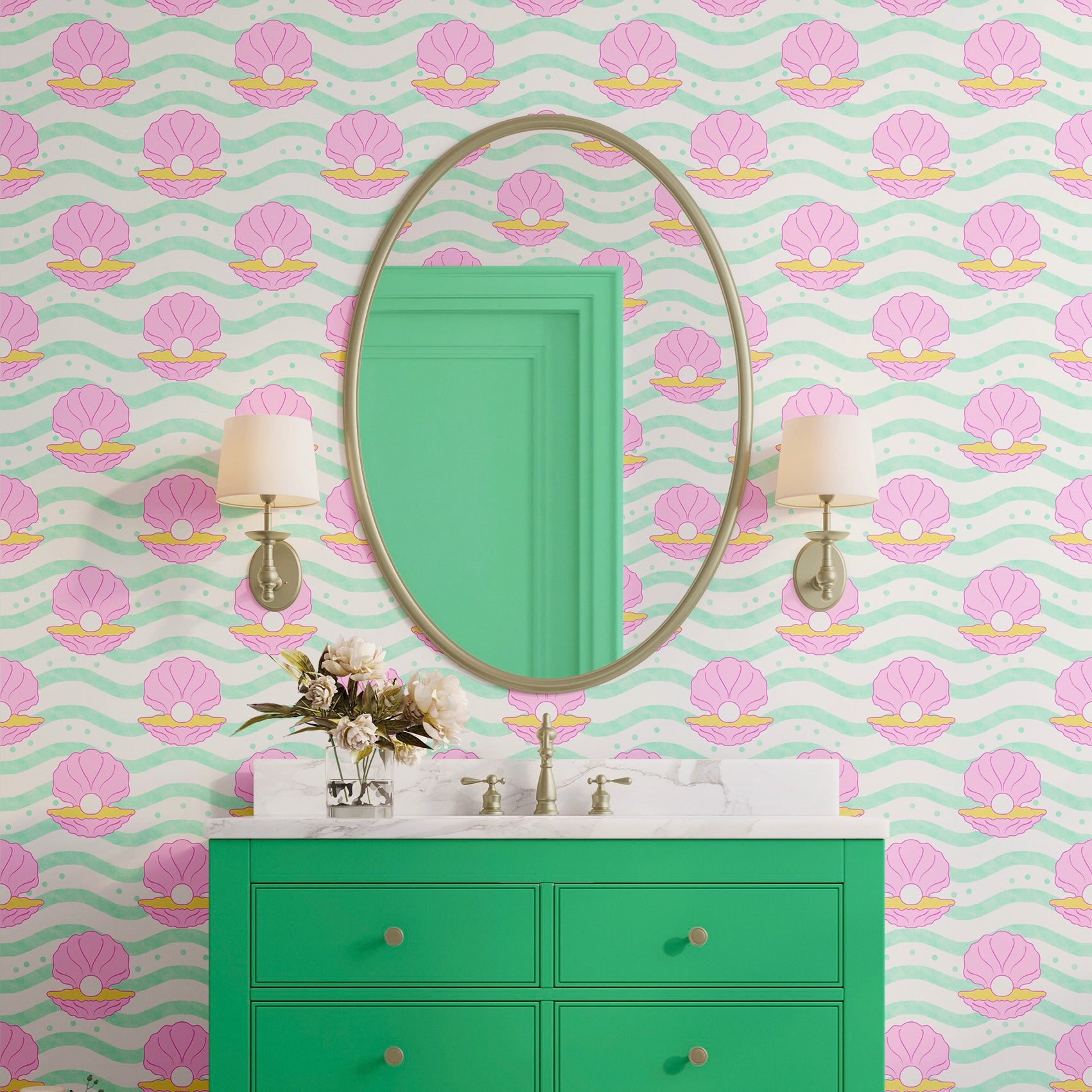 shell wallpaper in mint green and pink for bathrooms