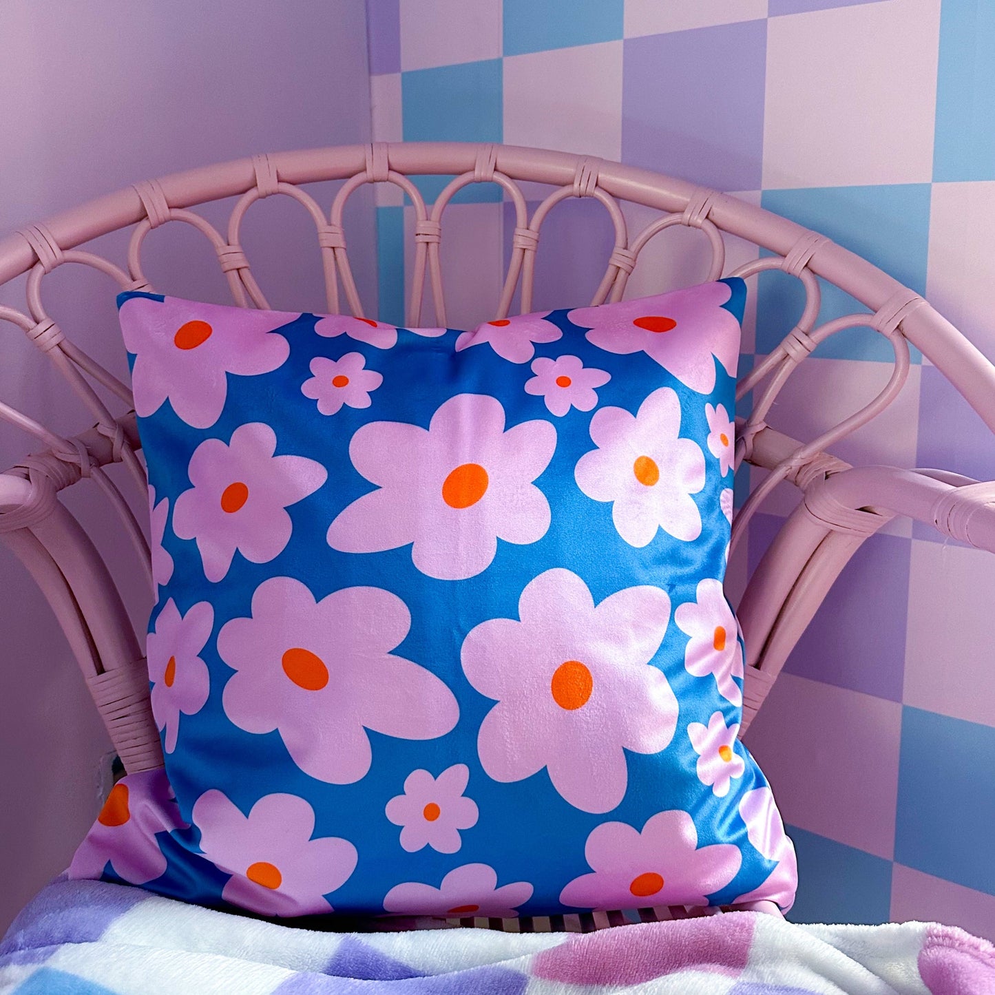 daisy velvet cushion in turquoise and pink colour 