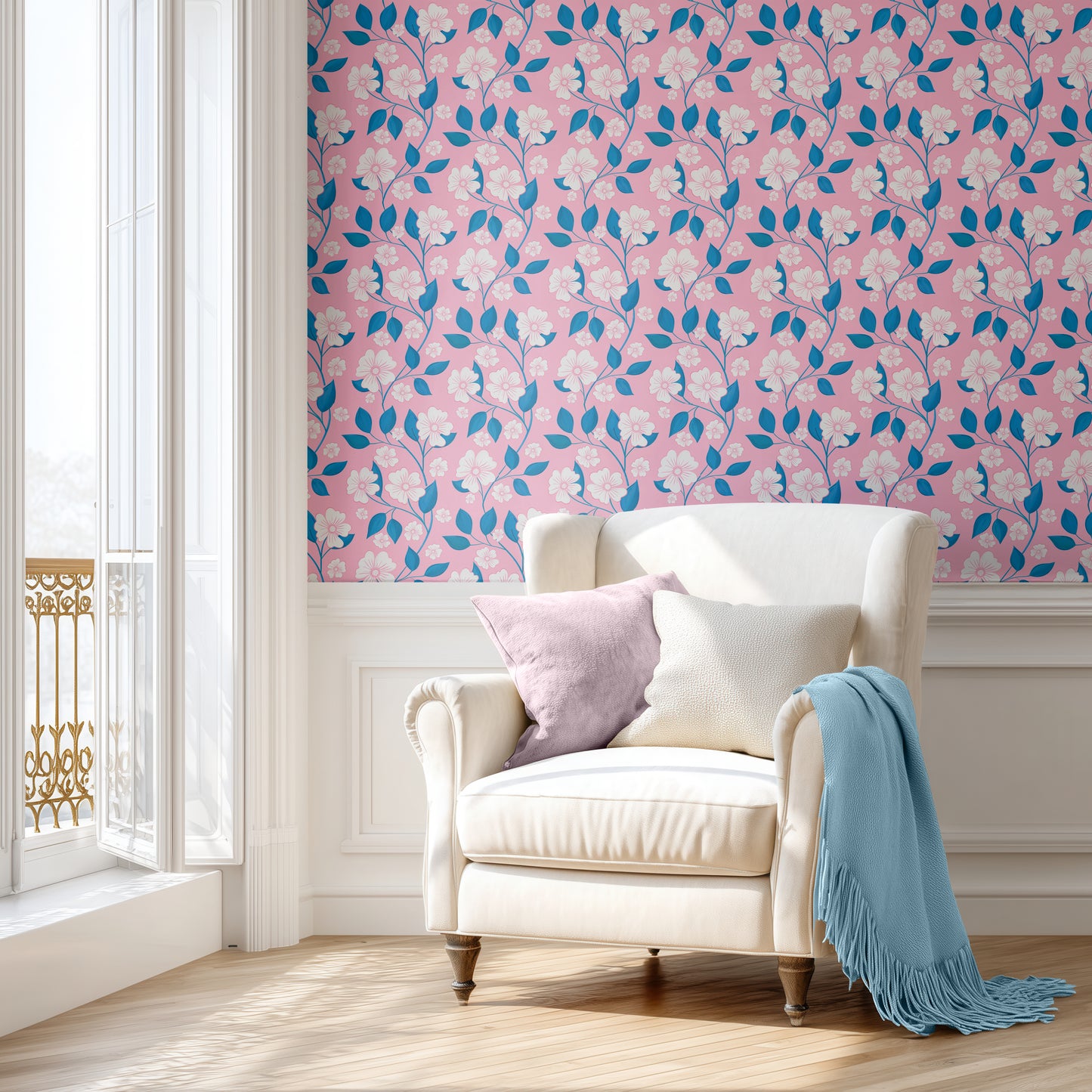 pink and blue floral wallpaper for modern elegant living room, trailing floral wallpaper, pink and blue wallpaper, modern elegant wall covering