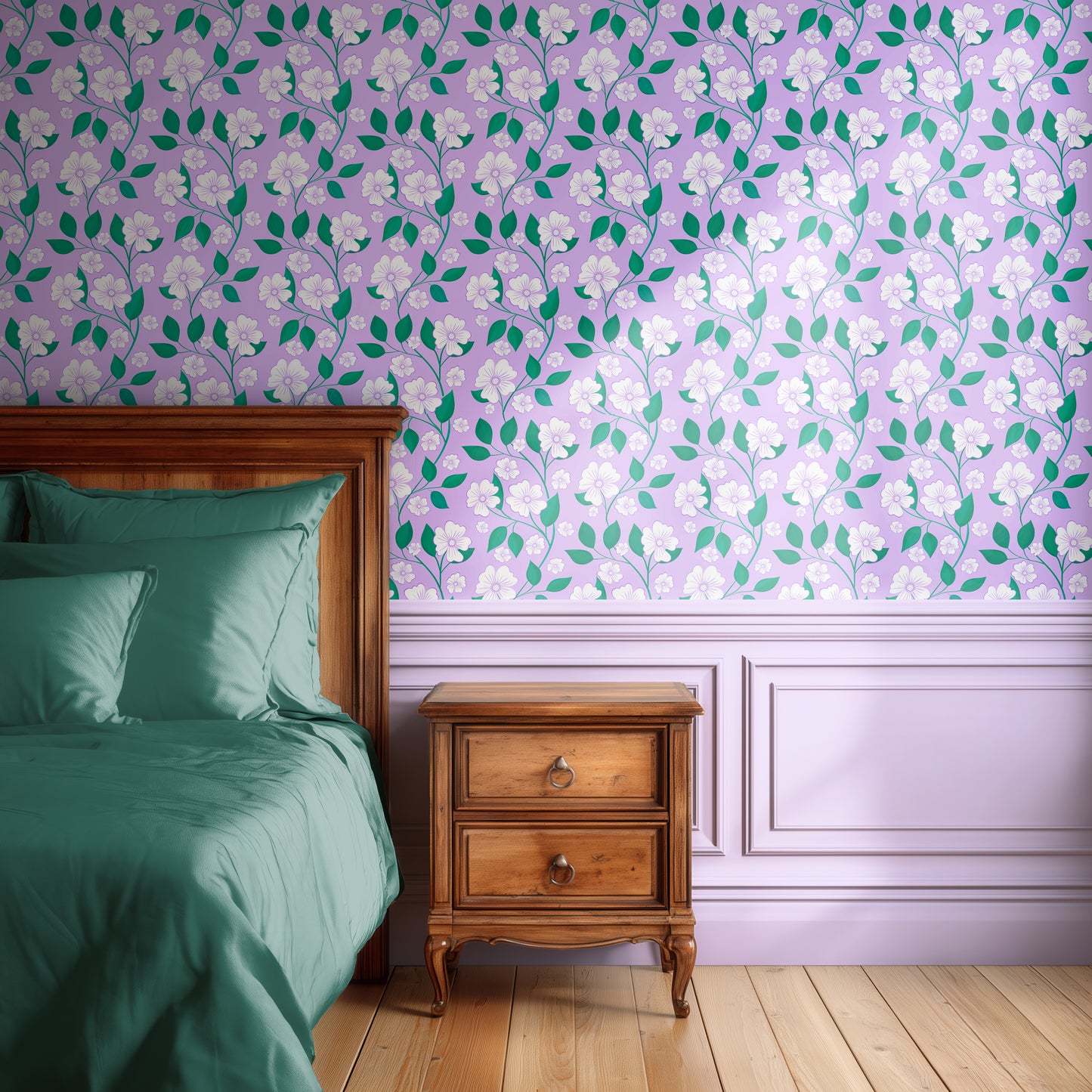 floral wallpaper for bedroom, blossom trailing wallpaper in lilac and mint green colours, purple floral wallpaper