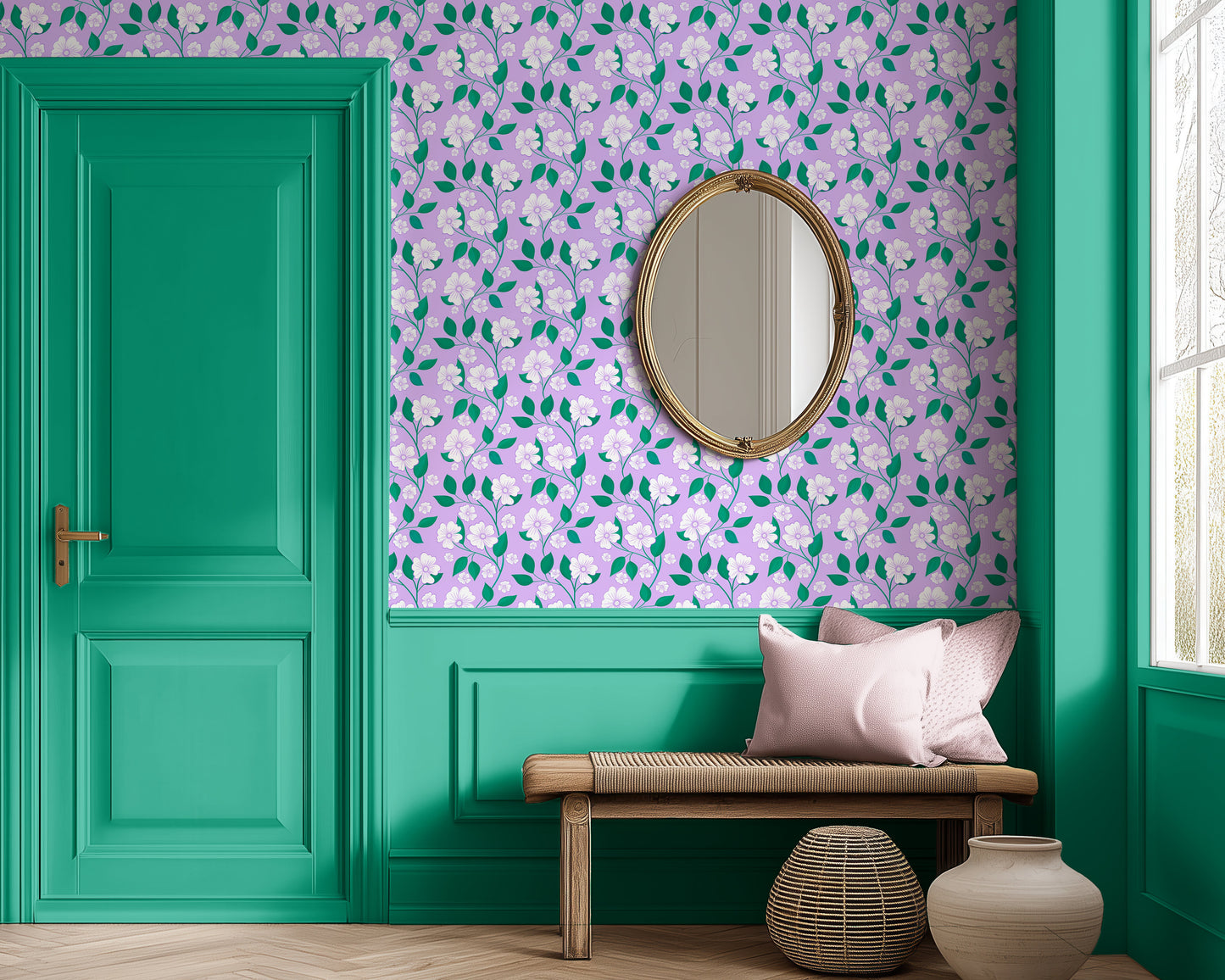 Blossom Trail wallpaper In Lavender And Mint Green, purple and green wallpaper, floral wallpaper modern elegant, hallway wallpaper