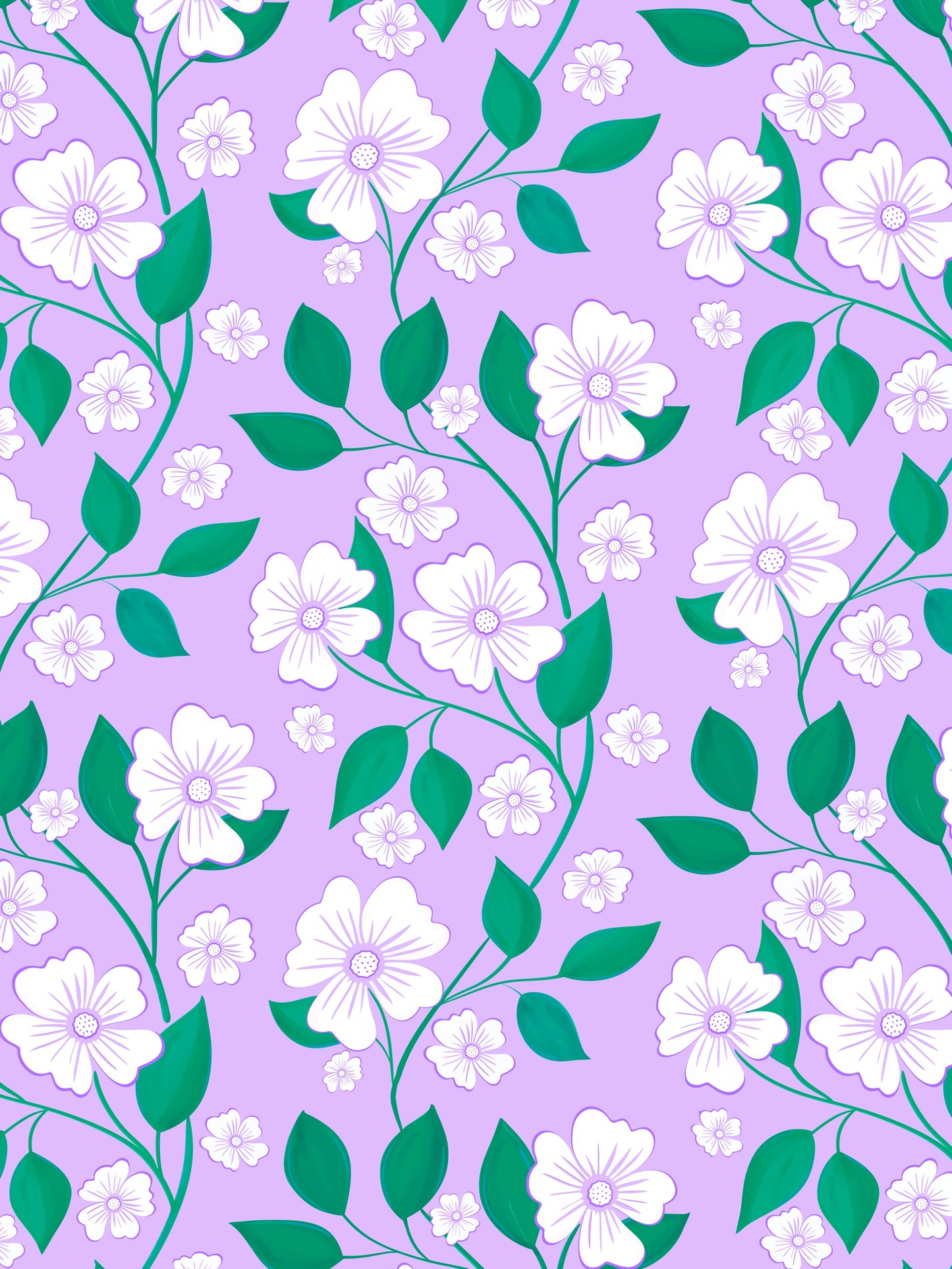 Floral pattern wallpaper with white flowers and green leaves on a purple background, designer wallpaper, best quality floral wallpaper