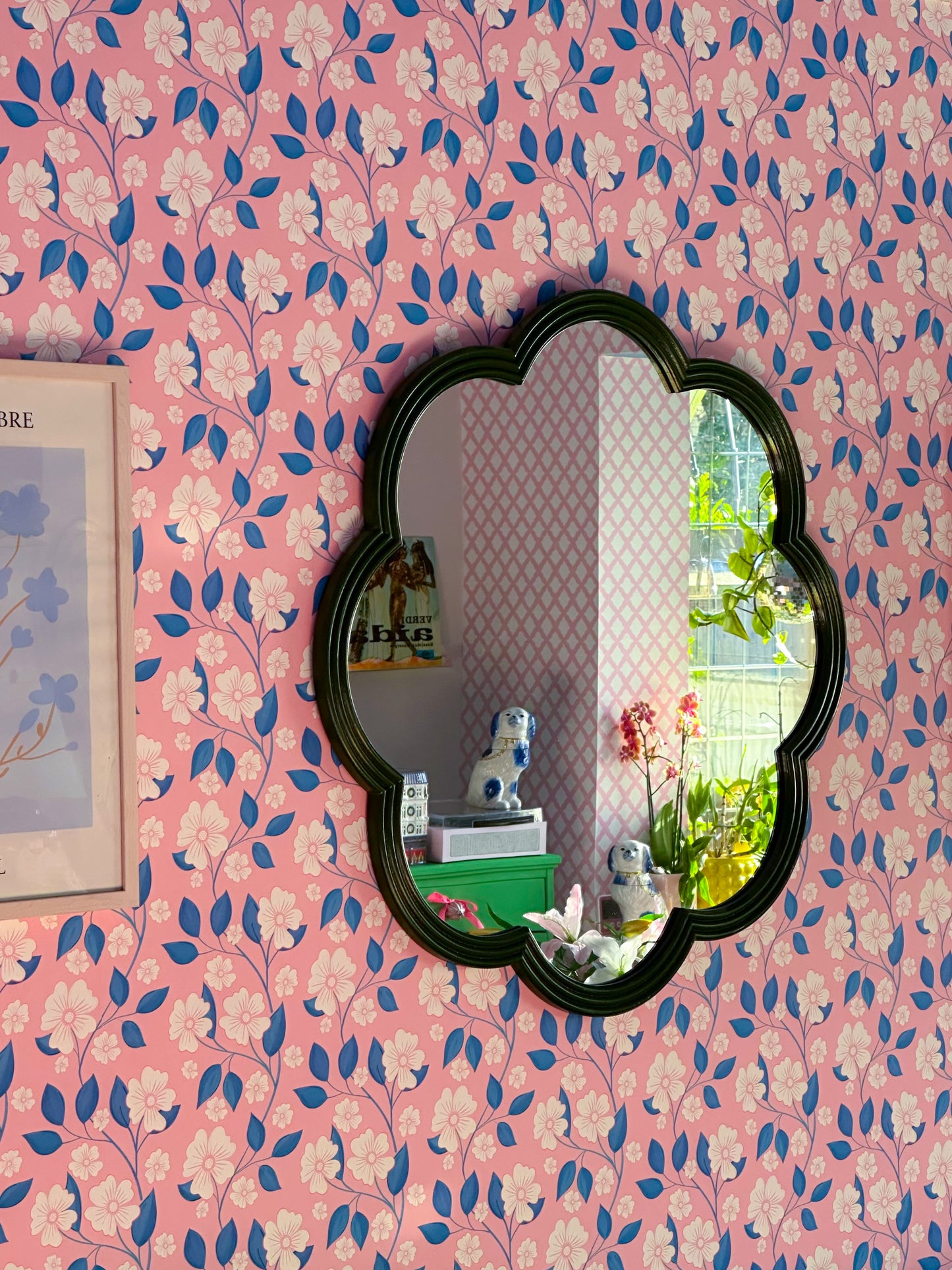 Blossom trail wallpaper in warm rose colour, pink floral wallpaper, pink and blue wallpaper
